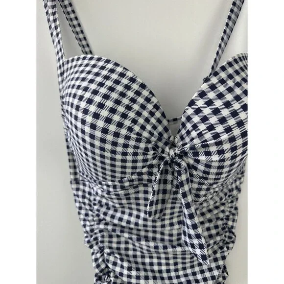 Torrid Navy Gingham Tie Front Wireless Ruched One-Piece Swimsuit Plus Size 4 4X - Picture 7 of 16